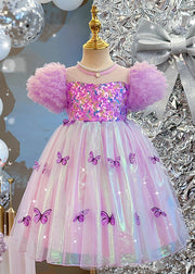 Bohemian Purple Sequins Print Tulle Girls Dress Puff Sleeve