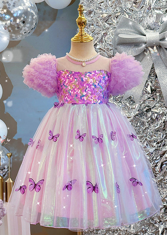 Bohemian Purple Sequins Print Tulle Girls Dress Puff Sleeve