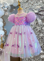 Bohemian Purple Sequins Print Tulle Girls Dress Puff Sleeve