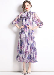 Bohemian Purple Stand Collar Print Chiffon Long Dress Bracelet Sleeve