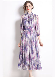 Bohemian Purple Stand Collar Print Chiffon Long Dress Bracelet Sleeve