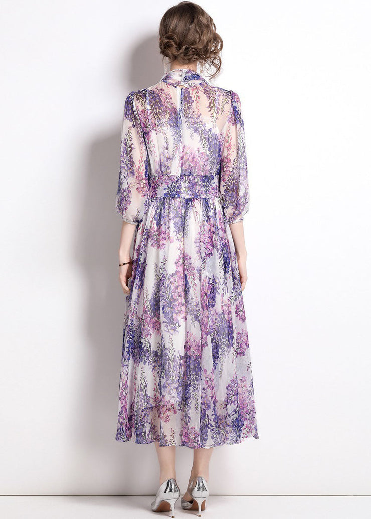 Bohemian Purple Stand Collar Print Chiffon Long Dress Bracelet Sleeve