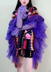 Bohemian Purple V Neck Tulle Patchwork Embroidered Knit Cape Long Sleeve