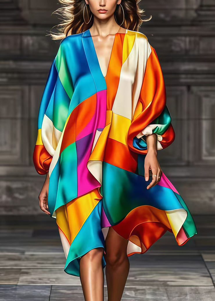 Bohemian Rainbow Asymmetrical Patchwork Silk Party Dress Spring