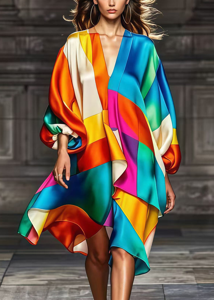 Bohemian Rainbow Asymmetrical Patchwork Silk Party Dress Spring