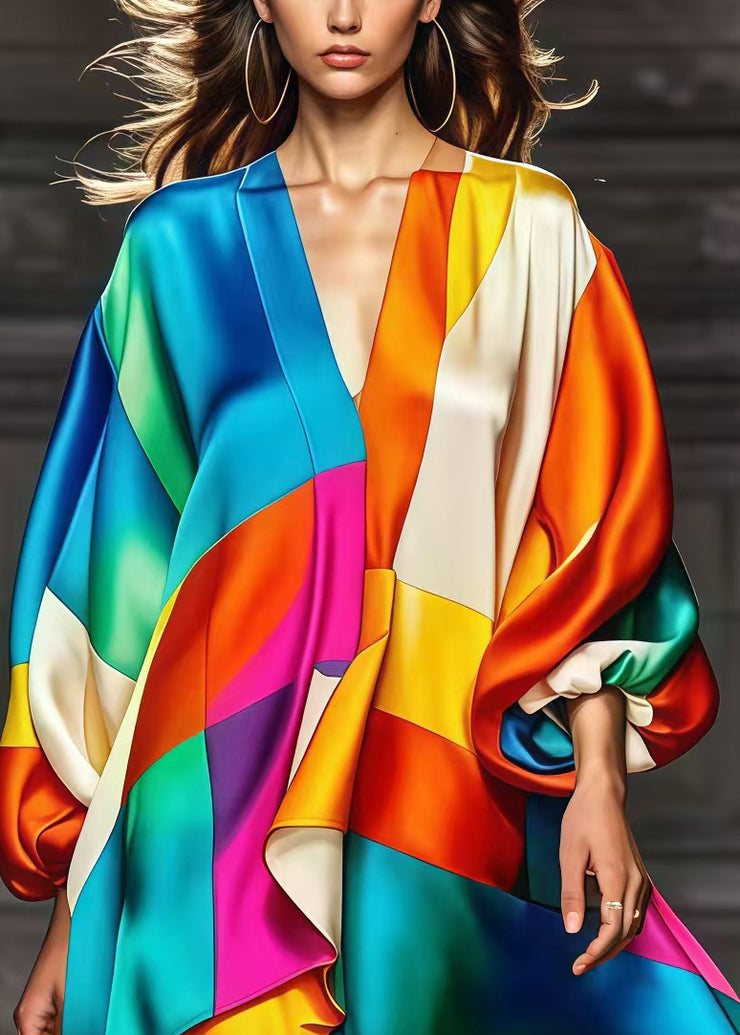 Bohemian Rainbow Asymmetrical Patchwork Silk Party Dress Spring