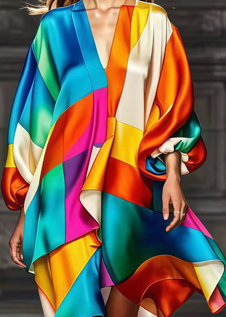 Bohemian Rainbow Asymmetrical Patchwork Silk Party Dress Fall