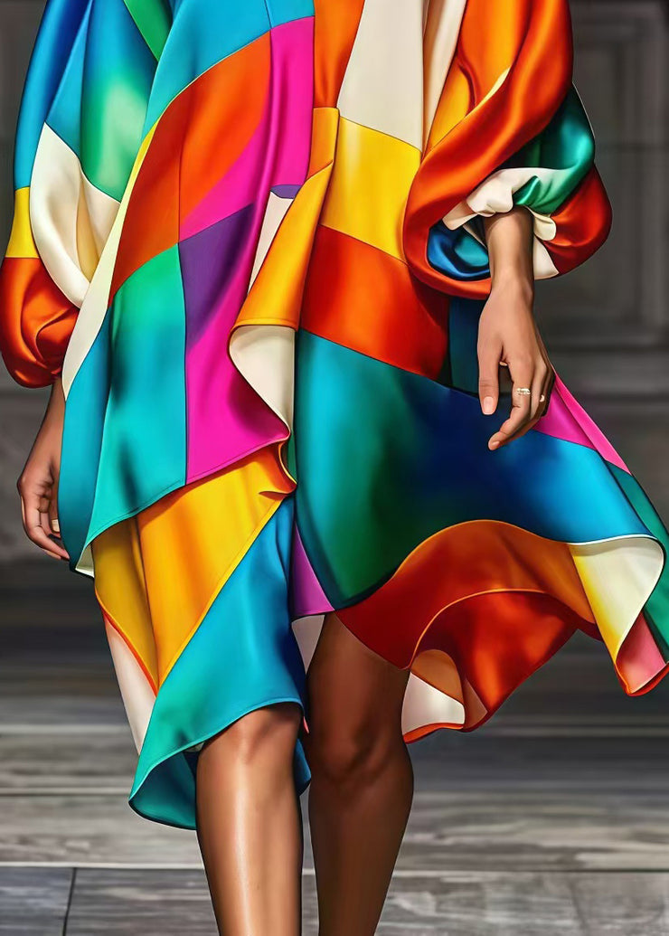 Bohemian Rainbow Asymmetrical Patchwork Silk Party Dress Spring