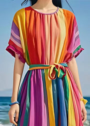 Bohemian Rainbow O Neck Tie Waist Holiday Dress Summer