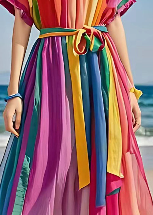 Bohemian Rainbow O Neck Tie Waist Holiday Dress Summer