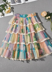 Bohemian Rainbow Print Layered Chiffon Beach Skirt Summer