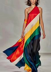 Bohemian Rainbow Striped Cold Shoulder Silk Maxi Dress Sleeveless