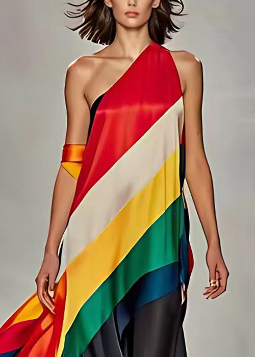 Bohemian Rainbow Striped Cold Shoulder Silk Maxi Dress Sleeveless