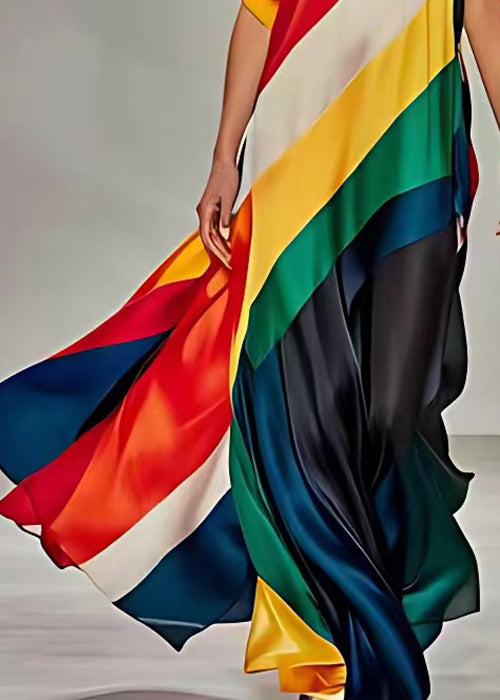 Bohemian Rainbow Striped Cold Shoulder Silk Maxi Dress Sleeveless