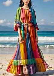Bohemian Rainbow Tie Waist Wrinkled Cotton Maxi Dresses Half Sleeve