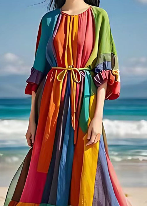 Bohemian Rainbow Tie Waist Wrinkled Cotton Maxi Dresses Half Sleeve