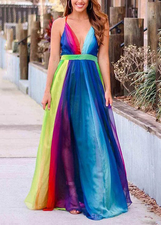 Bohemian Rainbow V Neck Backless Chiffon Spaghetti Strap Dress Sleeveless