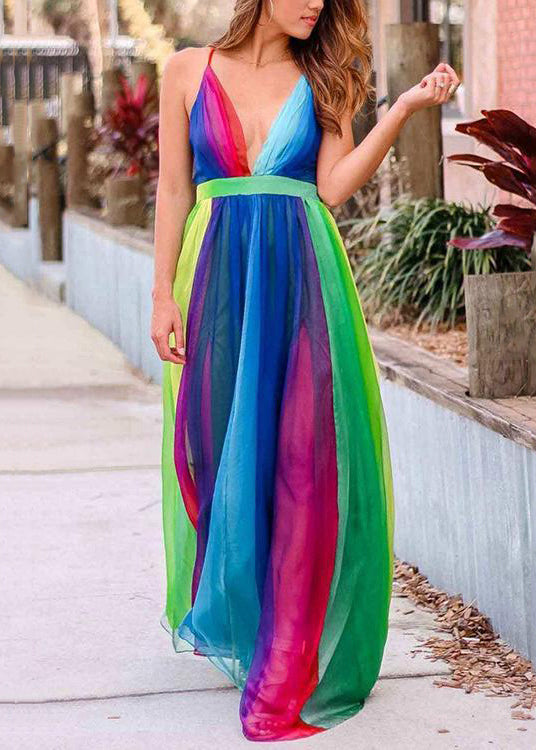 Bohemian Rainbow V Neck Backless Chiffon Spaghetti Strap Dress Sleeveless