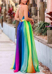 Bohemian Rainbow V Neck Backless Chiffon Spaghetti Strap Dress Sleeveless