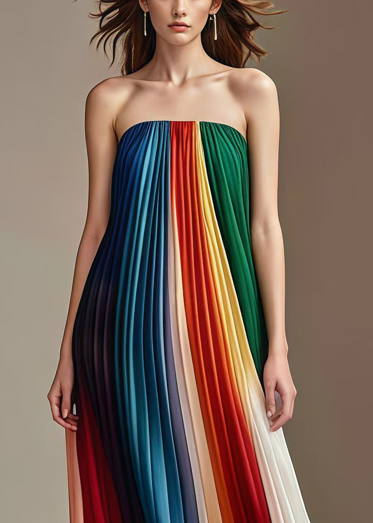 Bohemian Rainbow Wrinkled Chiffon Strapless Dress Summer