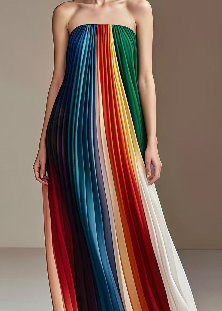 Bohemian Rainbow Wrinkled Chiffon Strapless Dress Summer