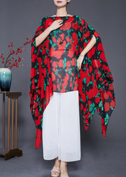 Bohemian Red Asymmetrical Print Chiffon Long Smock Batwing Sleeve