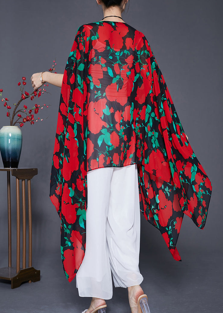 Bohemian Red Asymmetrical Print Chiffon Long Smock Batwing Sleeve