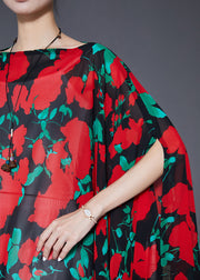 Bohemian Red Asymmetrical Print Chiffon Long Smock Batwing Sleeve