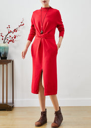 Bohemian Red Asymmetrical Side Open Silm Fit Knit Dresses Fall