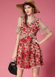 Bohemian Red Embroideried Patchwork Tulle Vacation Dress Short Sleeve