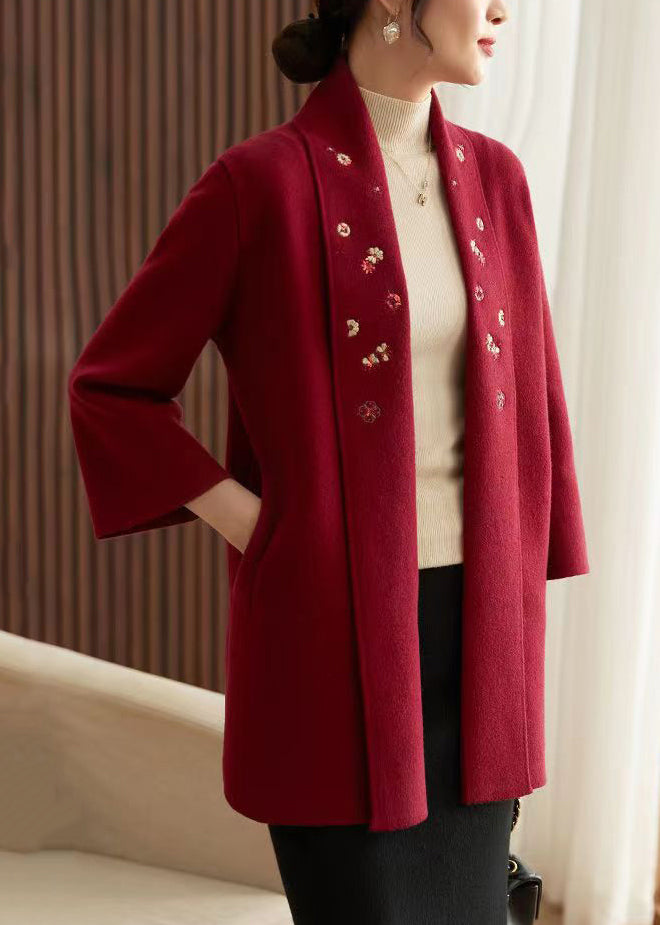 Bohemian Red Embroideried Pockets Patchwork Knit Cardigans Fall