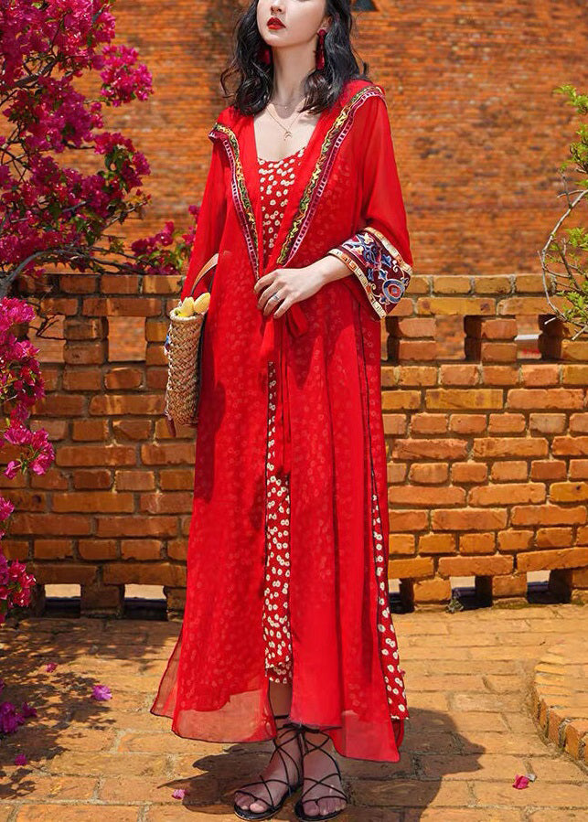 Bohemian Red Hooded Lace Up Chiffon Long Cardigans Spring