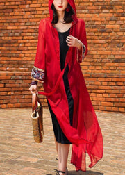 Bohemian Red Hooded Lace Up Chiffon Long Cardigans Spring