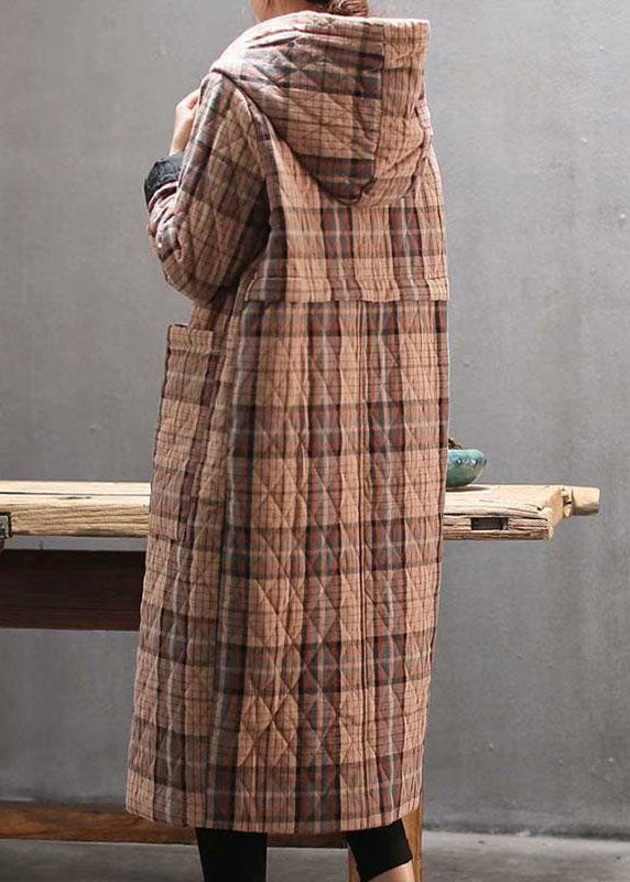 Bohemian Red Hooded Plaid Pockets Fine Cotton Filled Long Coat Outwear Winter