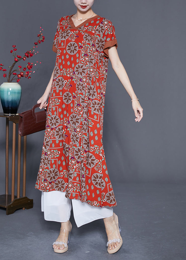 Bohemian Red O-Neck Print Cotton Long Dress Summer