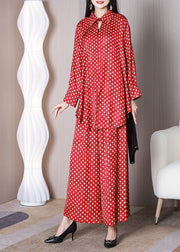 Bohemian Red Oversized Dot Print Draping Silk Two Piece Set Outfits Spring