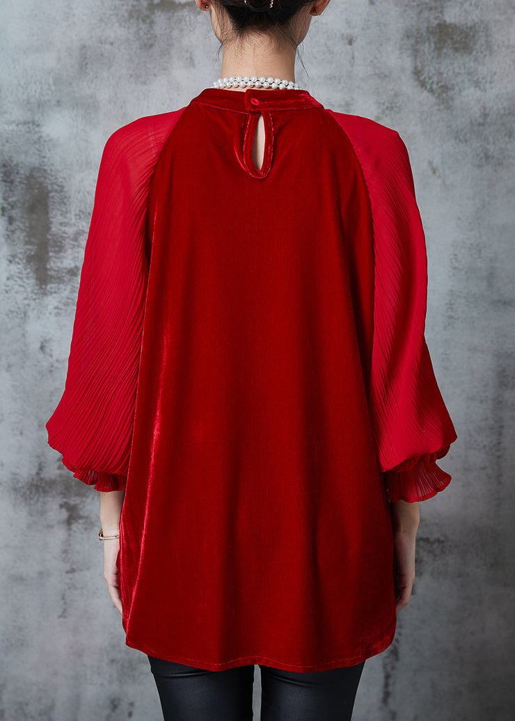 Bohemian Red Oversized Patchwork Velour Shirt Tops Fall