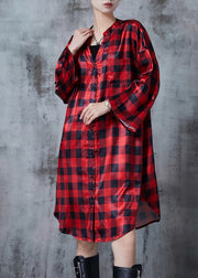 Bohemian Red Oversized Plaid Shirt Dresses Fall