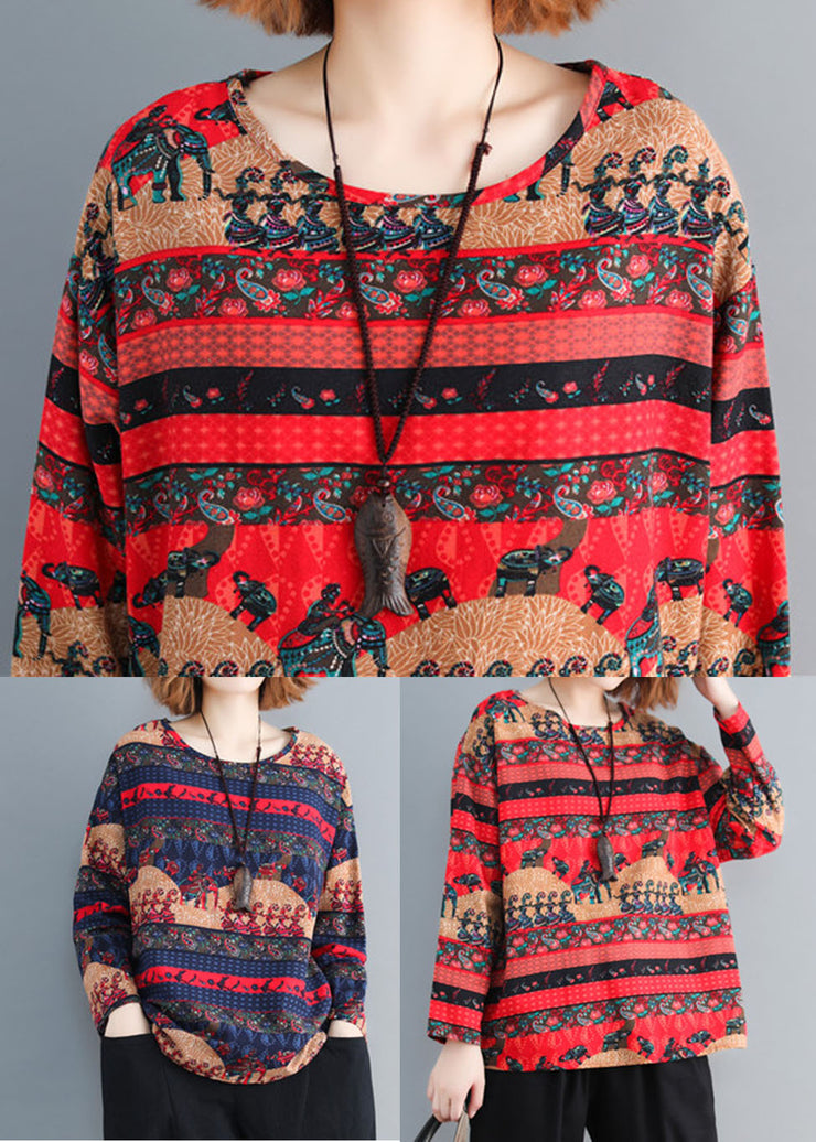 Bohemian Red Oversized Print Cotton Tops Spring