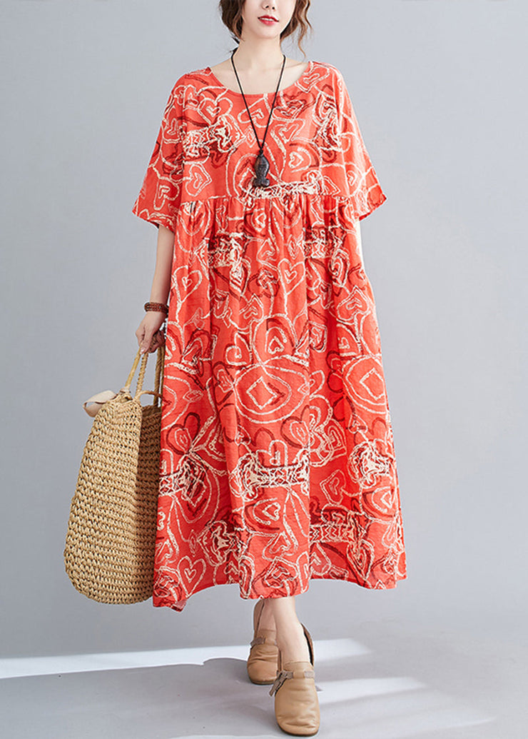 Bohemian Red Oversized Print Exra Large Hem Cotton Dresses Summer