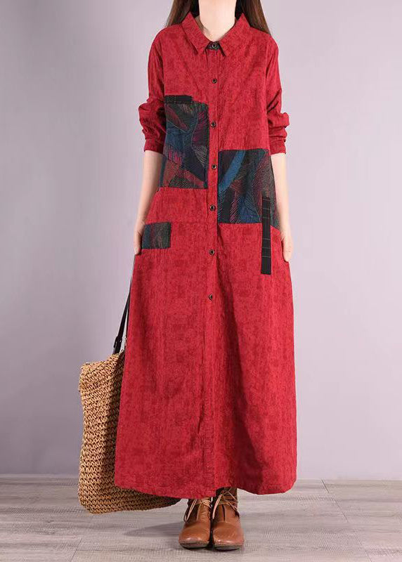 Bohemian Red Peter Pan Collar Patchwork Cotton Shirts Dress Fall