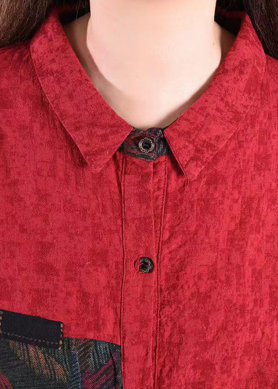 Bohemian Red Peter Pan Collar Patchwork Cotton Shirts Dress Fall