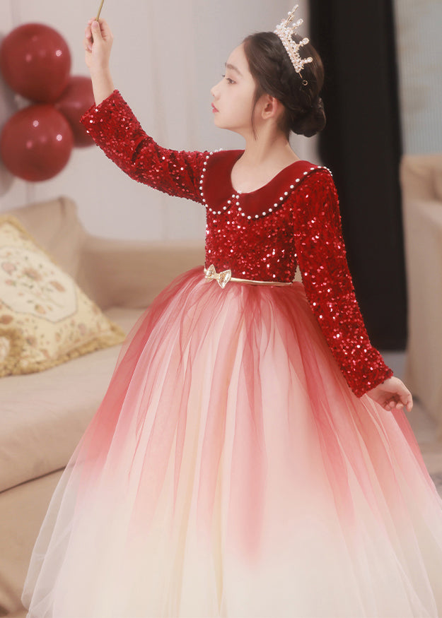 Bohemian Red Peter Pan Collar Patchwork Sashes Tulle Girls Maxi Dress Winter