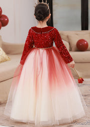 Bohemian Red Peter Pan Collar Patchwork Sashes Tulle Girls Maxi Dress Winter