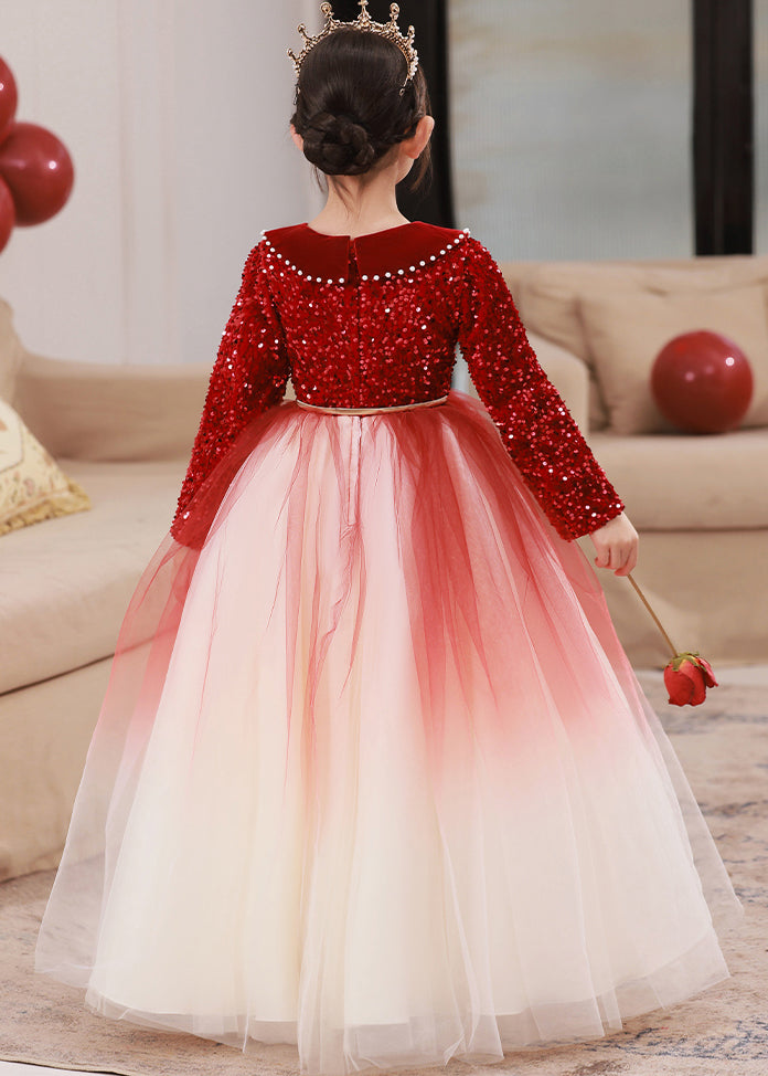 Bohemian Red Peter Pan Collar Patchwork Sashes Tulle Girls Maxi Dress Winter