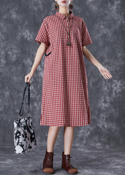 Bohemian Red Peter Pan Collar Plaid Linen Maxi Dress Summer