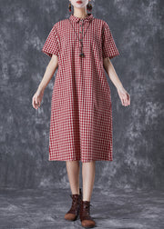 Bohemian Red Peter Pan Collar Plaid Linen Maxi Dress Summer