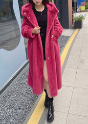 Bohemian Red Pockets Mink Hair Knitted Hoodie Long Coat Spring