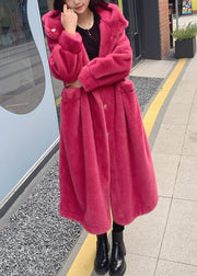 Bohemian Red Pockets Mink Hair Knitted Hoodie Long Coat Winter