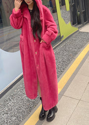 Bohemian Red Pockets Mink Hair Knitted Hoodie Long Coat Spring